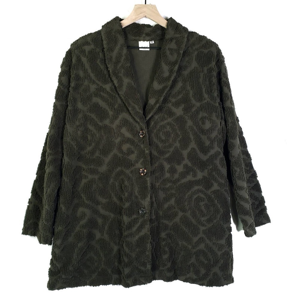 Focus Casual Life‎ Tufted Jacquard Jacket M Olive Green Boho Lagenlook Artsy